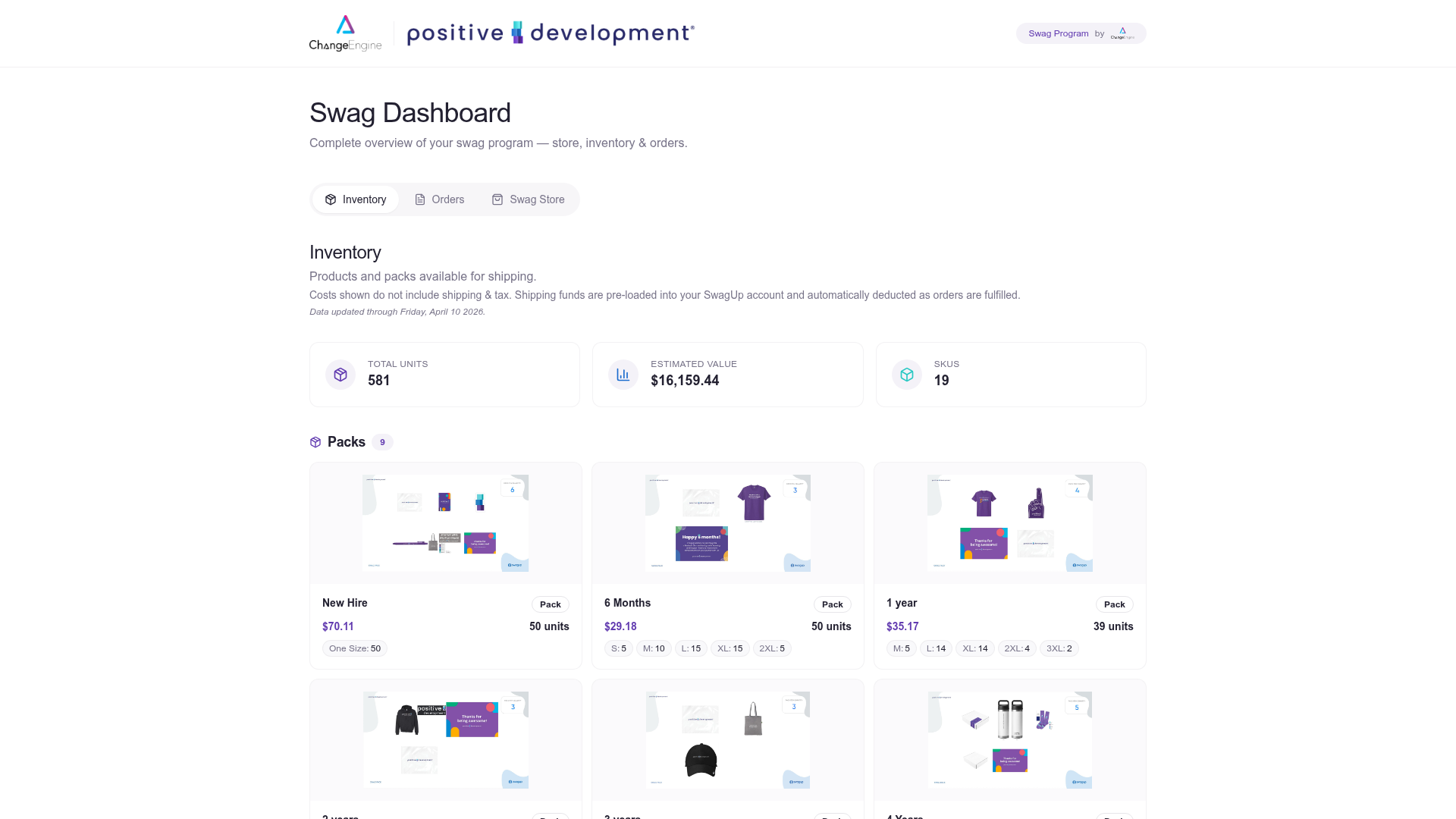 Swag program dashboard with inventory, orders, and store